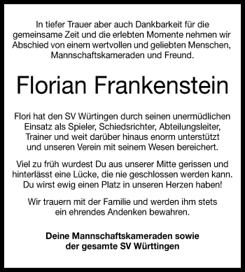 Anzeige von Florian Frankenstein von Reutlinger General-Anzeiger