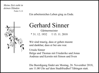 Anzeige von Gerhard Sinner von Reutlinger General-Anzeiger