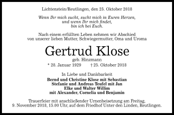 Anzeige von Gertrud Klose von Reutlinger General-Anzeiger