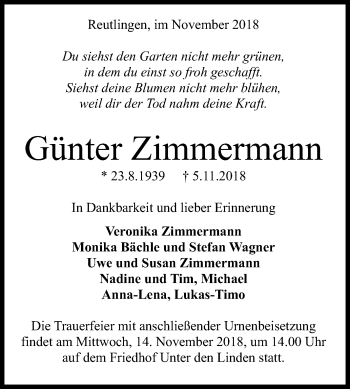 Anzeige von Günter Zimmermann von Reutlinger General-Anzeiger
