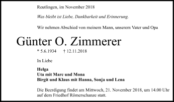 Anzeige von Günter O. Zimmerer von Reutlinger General-Anzeiger