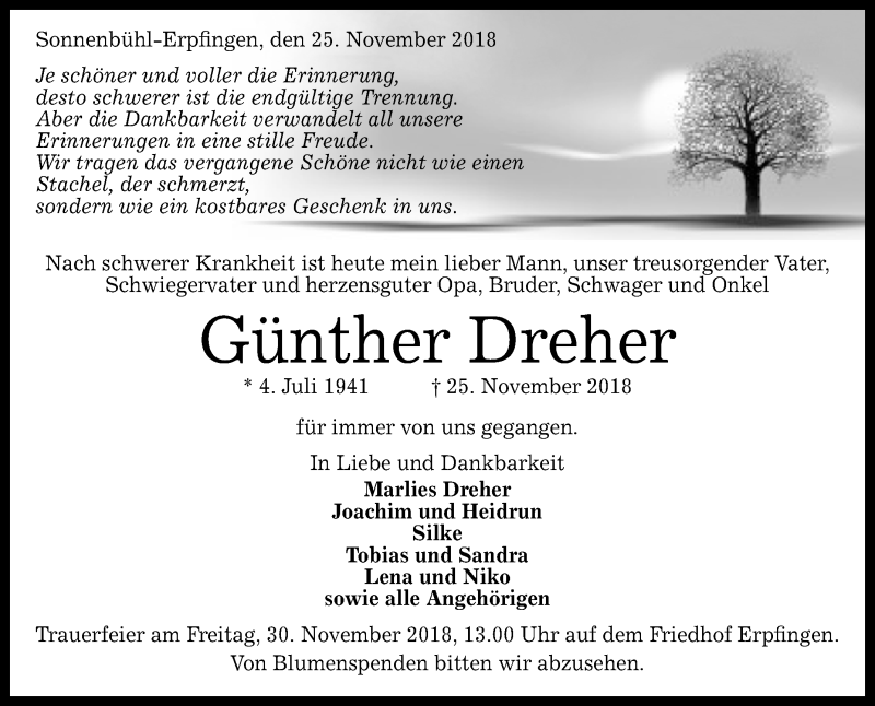  Traueranzeige für Günther Dreher vom 28.11.2018 aus Reutlinger General-Anzeiger