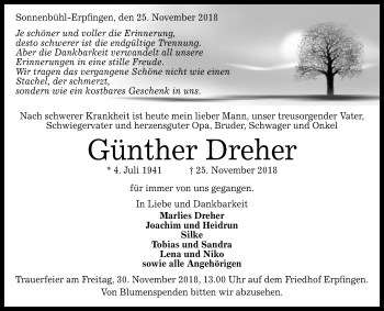 Anzeige von Günther Dreher von Reutlinger General-Anzeiger