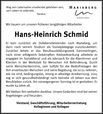 Anzeige von Hans-Heinrich Schmid von Reutlinger General-Anzeiger