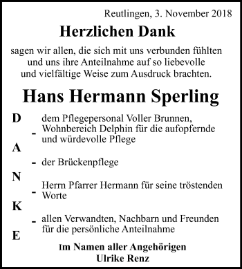 Anzeige von Hans Hermann Sperling von Reutlinger General-Anzeiger