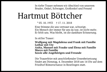 Anzeige von Hartmut Böttcher von Reutlinger General-Anzeiger
