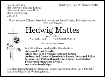 Anzeige von Hedwig Mattes von Reutlinger General-Anzeiger