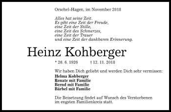 Anzeige von Heinz Kohberger von Reutlinger General-Anzeiger