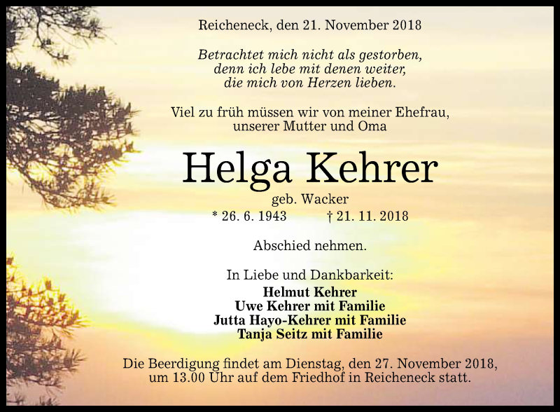  Traueranzeige für Helga Kehrer vom 24.11.2018 aus Reutlinger General-Anzeiger