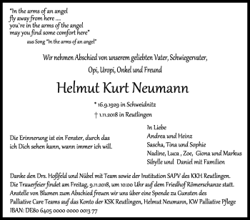 Anzeige von Helmu Kurt Neumann von Reutlinger General-Anzeiger