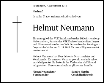 Anzeige von Helmut Neumann von Reutlinger General-Anzeiger