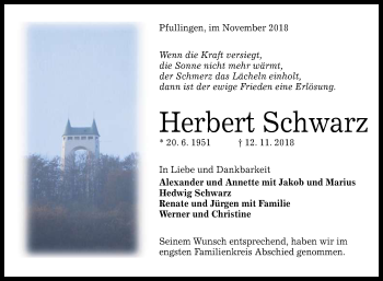 Anzeige von Herbert Schwarz von Reutlinger General-Anzeiger