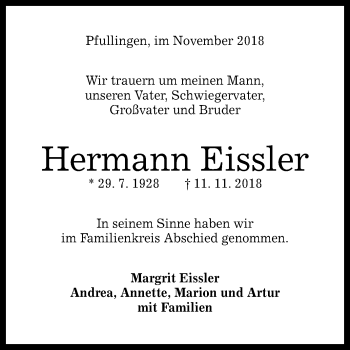Anzeige von Hermann Eissler von Reutlinger General-Anzeiger