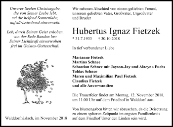 Anzeige von Hubertus Ignaz Fietzek von Reutlinger General-Anzeiger