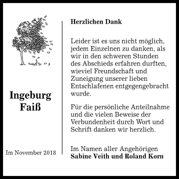 Anzeige von Ingeburg Faiß von Reutlinger General-Anzeiger