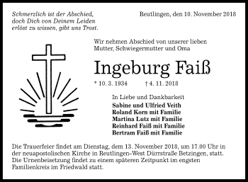 Anzeige von Ingeburg Faiß von Reutlinger General-Anzeiger