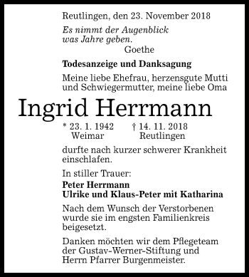 Anzeige von Ingrid Herrmann von Reutlinger General-Anzeiger