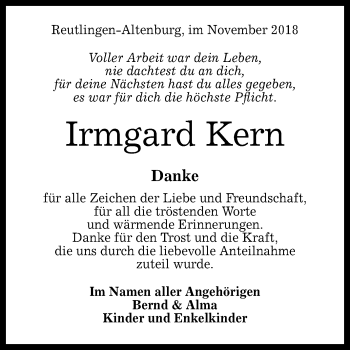 Anzeige von Irmgard Kern von Reutlinger General-Anzeiger