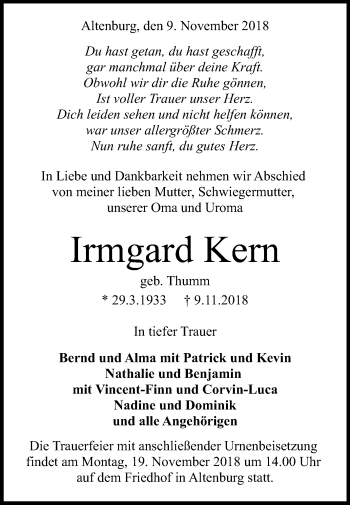 Anzeige von Irmgard Kern von Reutlinger General-Anzeiger