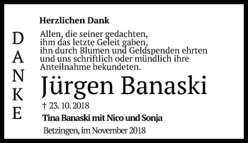 Anzeige von Jürgen Banaski von Reutlinger General-Anzeiger