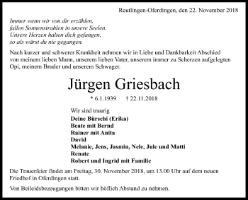 Anzeige von Jürgen Griesbach von Reutlinger General-Anzeiger
