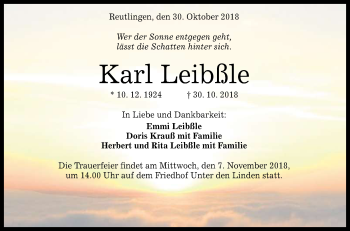 Anzeige von Karl Leibßle von Reutlinger General-Anzeiger