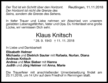 Anzeige von Klaus Knitsch von Reutlinger General-Anzeiger
