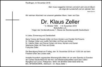 Anzeige von Klaus Zeller von Reutlinger General-Anzeiger