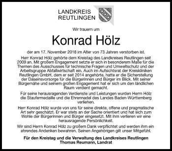 Anzeige von Konrad Hölz von Reutlinger General-Anzeiger