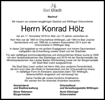 Anzeige von Konrad Hölz von Reutlinger General-Anzeiger