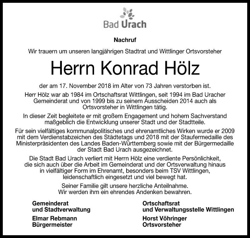  Traueranzeige für Konrad Hölz vom 20.11.2018 aus Reutlinger General-Anzeiger