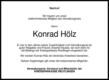 Anzeige von Konrad Hölz von Reutlinger General-Anzeiger