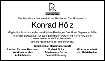 Anzeige von Konrad Hölz von Reutlinger General-Anzeiger