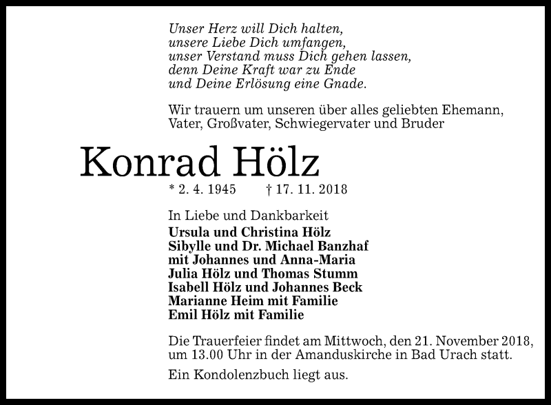  Traueranzeige für Konrad Hölz vom 19.11.2018 aus Reutlinger General-Anzeiger