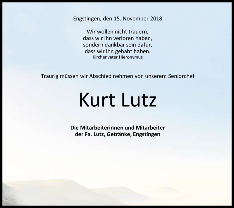  Traueranzeige für Kurt Lutz vom 17.11.2018 aus Reutlinger General-Anzeiger