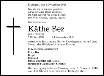 Anzeige von Käthe Bez von Reutlinger General-Anzeiger