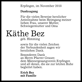 Anzeige von Käthe Bez von Reutlinger General-Anzeiger