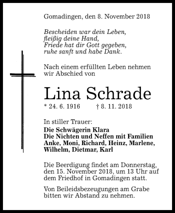 Anzeige von Lina Schrade von Reutlinger General-Anzeiger