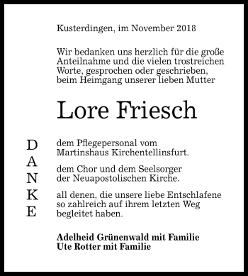 Anzeige von Lore Friesch von Reutlinger General-Anzeiger