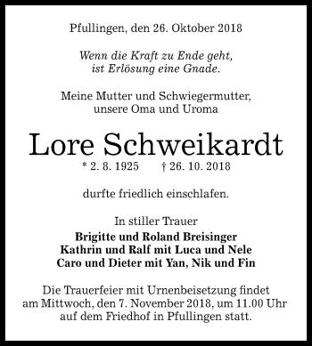 Anzeige von Lore Schweikardt von Reutlinger General-Anzeiger