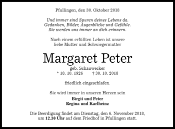 Anzeige von Margaret Peter von Reutlinger General-Anzeiger