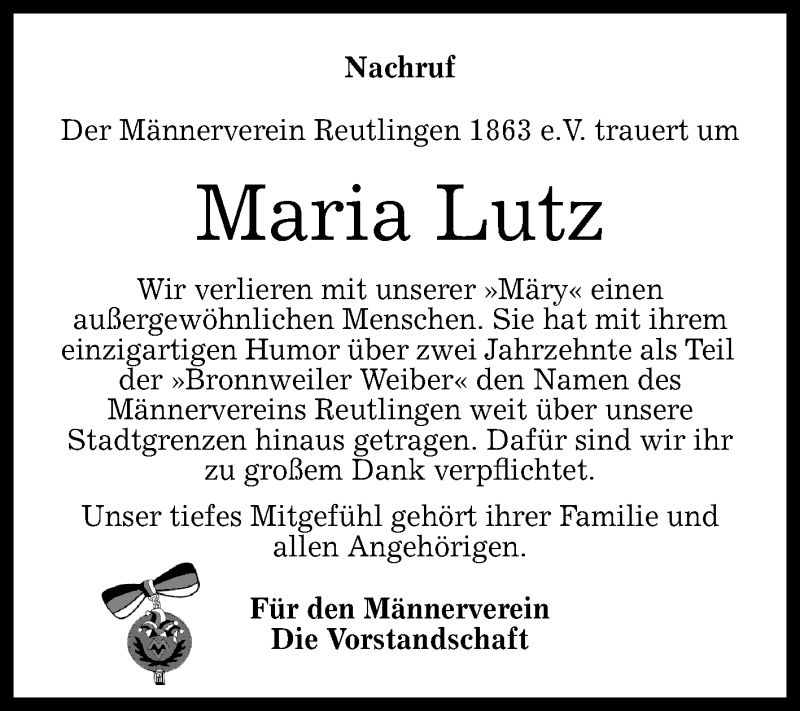  Traueranzeige für Maria Lutz vom 30.11.2018 aus Reutlinger General-Anzeiger