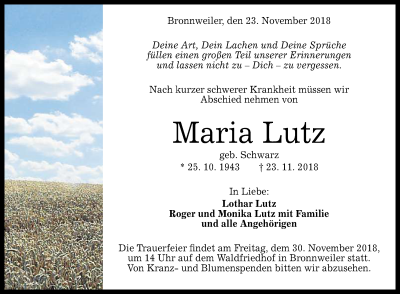  Traueranzeige für Maria Lutz vom 27.11.2018 aus Reutlinger General-Anzeiger