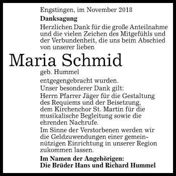 Anzeige von Maria Schmid von Reutlinger General-Anzeiger