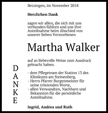Anzeige von Martha Walker von Reutlinger General-Anzeiger