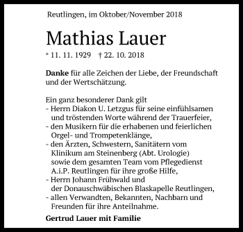 Anzeige von Mathias Lauer von Reutlinger General-Anzeiger