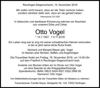 Anzeige von Otto Vogel von Reutlinger General-Anzeiger