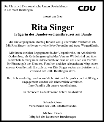 Anzeige von Rita Singer von Reutlinger General-Anzeiger