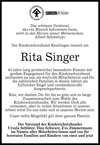Anzeige von Rita Singer von Reutlinger General-Anzeiger