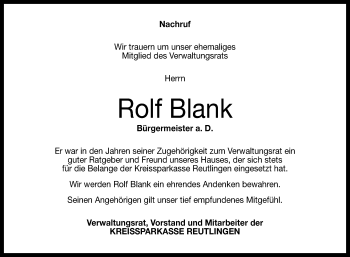 Anzeige von Rolf Blank von Reutlinger General-Anzeiger